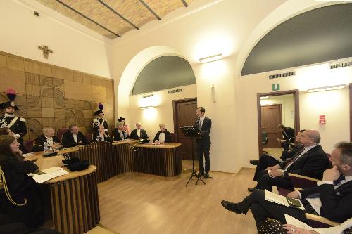 Il governatore del Friuli Venezia Giulia. Massimiliano Fedriga, durante l'udienza della Corte dei conti sulla parificazione del rendiconto generale della Regione per l'esercizio finanziario 2017. 